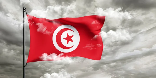 Tunus ulusal bayrak kumaşı güzel bulutlu arka planda dalgalanıyor.