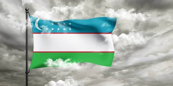 Üzbegisztán Nemzeti Zászló Szövet Hullámzó Gyönyörű Felhős Háttér — Stock Fotó