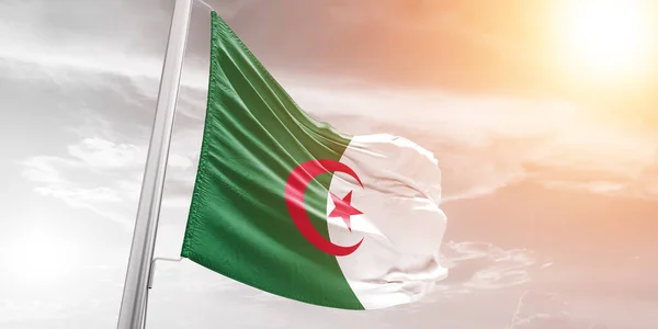 Algeria National Flag Cloth Fabric Waving Beautiful Cloudy Background — Stock Photo, Image