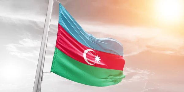 Azerbeidzjan Nationale Vlag Doek Zwaaiend Prachtige Bewolkte Achtergrond — Stockfoto