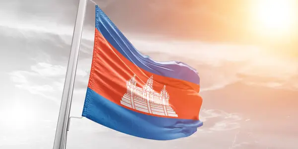 Kambodja National Flagga Tyg Viftar Vackra Molnigt Solsken Bakgrund — Stockfoto