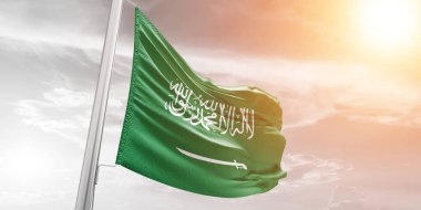 Saudi Arabia national flag cloth fabric waving on beautiful Cloudy Background. clipart