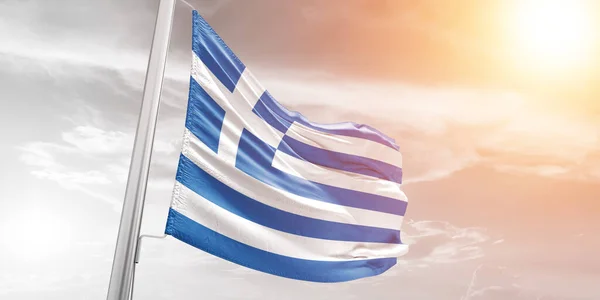 Greece National Flag Cloth Fabric Waving Beautiful Cloudy Background — Stock Photo, Image