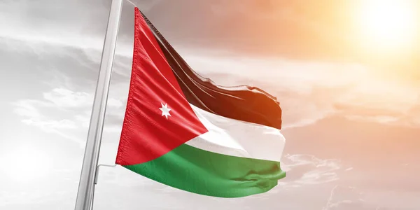 Jordanië Nationale Vlag Stof Zwaaien Mooie Bewolkte Achtergrond — Stockfoto