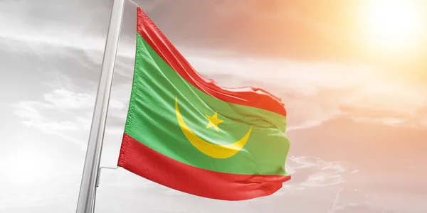 Mauritania National Flag Cloth Fabric Waving Beautiful Cloudy Background — Stock Photo, Image