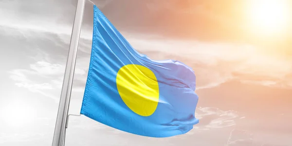 Palau National Flag Cloth Fabric Waving Beautiful Cloudy Background — Stock Photo, Image