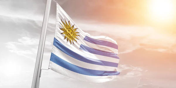 Uruguay Nationalflagge Stoff Weht Auf Schönen Bewölkten Hintergrund — Stockfoto