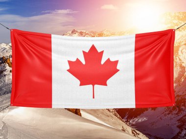 Kanada Ulusal Bayrak Kumaşı Güzel Dağ Arkaplanında Sallanıyor.