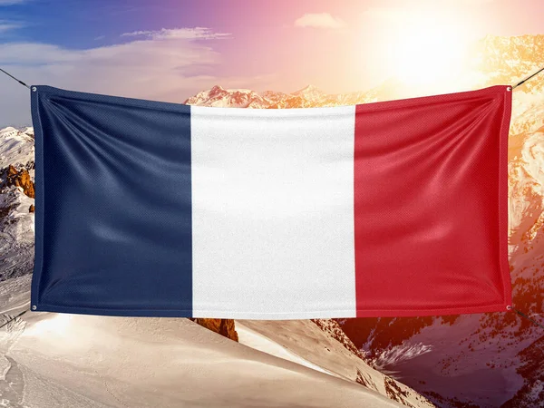 Francie Národní Vlajkové Tkaniny Vlnění Krásném Horském Pozadí — Stock fotografie