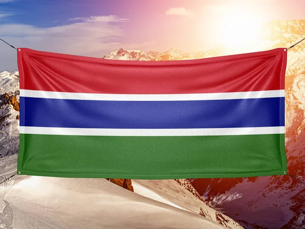Gambia National Flag Cloth Fabric Waving Beautiful Mountain Background — Stock Photo, Image