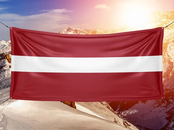 Latvia National Flag Cloth Fabric Waving Beautiful Mountain Background — Stock Photo, Image