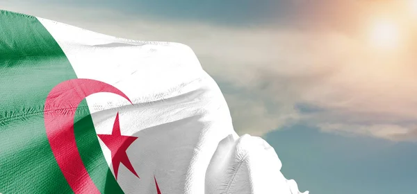 Algeria National Flag Cloth Fabric Waving Beautiful Sky Background — Stock Photo, Image