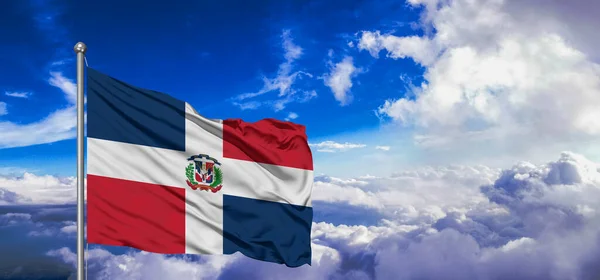 Dominikánská Republika Národní Vlajkové Tkaniny Vlnění Krásné Obloze Pozadí — Stock fotografie
