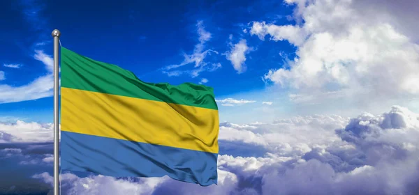 Gabon National Flag Cloth Fabric Waving Beautiful Cloud Background — Stock Photo, Image