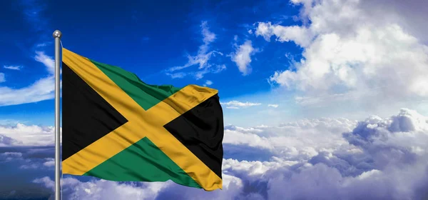 Jamaica National Flag Cloth Fabric Waving Beautiful Sky Background — Stock Photo, Image