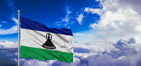 Lesotho National Flagga Tyg Viftar Vacker Himmel Bakgrund — Stockfoto