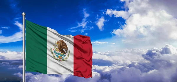 stock image Mexico national flag cloth fabric waving on beautiful cloudy Background.