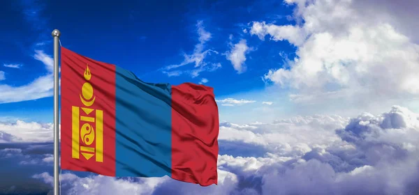 stock image Mongolia national flag cloth fabric waving on beautiful cloudy Background.