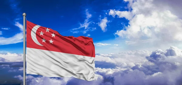 Tecido Pano Bandeira Nacional Singapura Acenando Céu Bonito Fundo — Fotografia de Stock