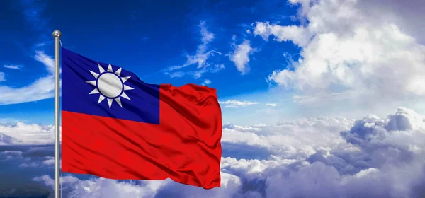 Ткань Ткани Национального Флага Тайваня Размахивающая Красивом Небе — стоковое фото