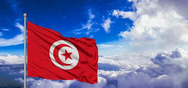 Tunisia National Flag Cloth Fabric Waving Beautiful Cloudy Grey Background — Stock Photo, Image