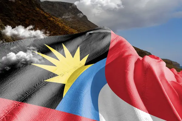 Antigua Barbuda Tessuto Bandiera Nazionale Sventolando Sul Bellissimo Sfondo Montagna — Foto Stock