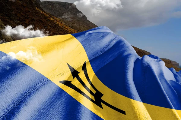 Barbados Národní Vlajka Tkaniny Vlnění Krásném Horském Pozadí — Stock fotografie