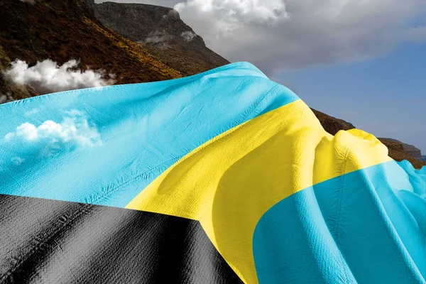 Bahamy Národní Vlajkové Tkaniny Vlnící Krásném Horském Pozadí — Stock fotografie