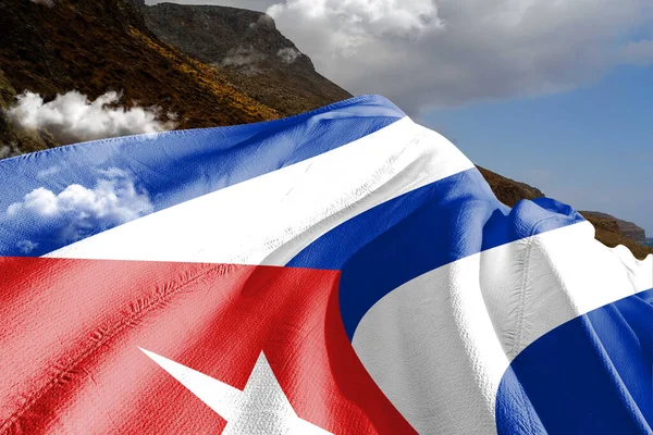 Kuba Národní Vlajkové Tkaniny Vlnění Krásném Horském Pozadí — Stock fotografie