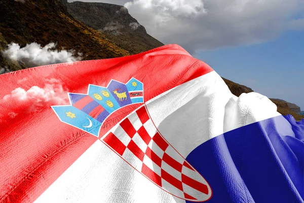 Croácia Tecido Pano Bandeira Nacional Acenando Belo Fundo Montanha — Fotografia de Stock