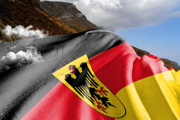 Germany National Flag Cloth Fabric Waving Beautiful Mountain Background — Stock Photo, Image