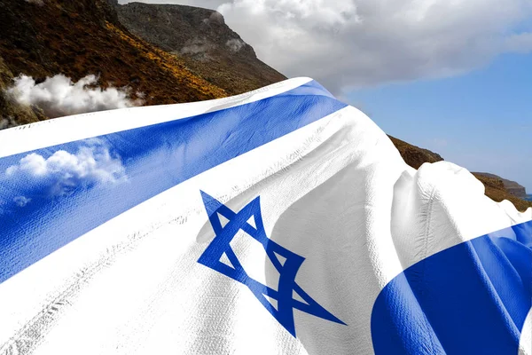 Israel National Flag Cloth Fabric Waving Beautiful Mountain Background — Stock Photo, Image