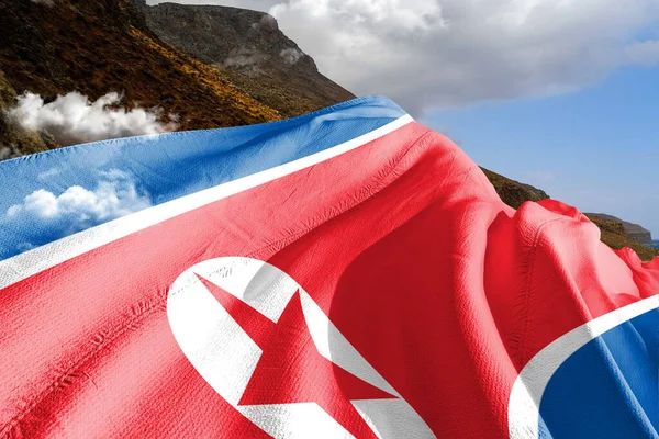 Coréia Tecido Pano Bandeira Nacional Norte Acenando Belo Fundo Montanha — Fotografia de Stock