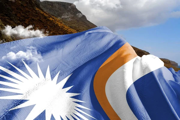 Marshallovy Ostrovy Národní Vlajkové Tkaniny Vlnění Krásném Horském Pozadí — Stock fotografie