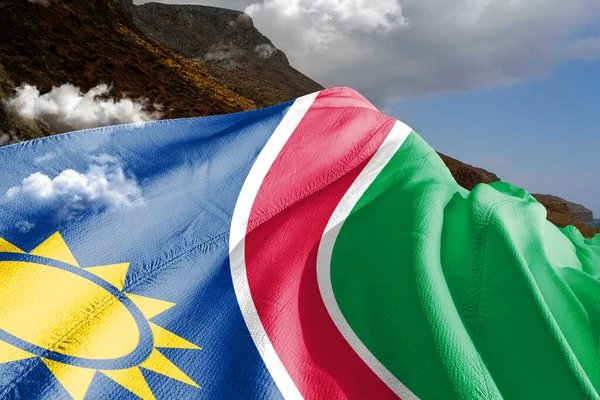 Namibië Nationale Vlag Doek Zwaaien Mooie Berg Achtergrond — Stockfoto
