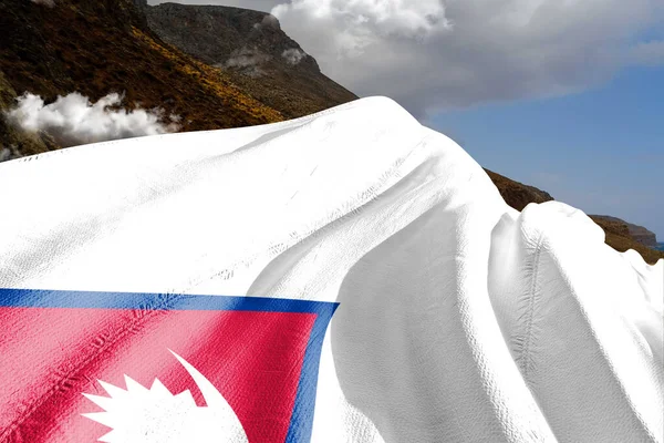 Ткань Национального Флага Непала Размахивающая Красивом Небе — стоковое фото