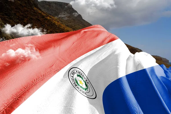 美しい空に揺れるパラグアイ国旗の布背景 — ストック写真