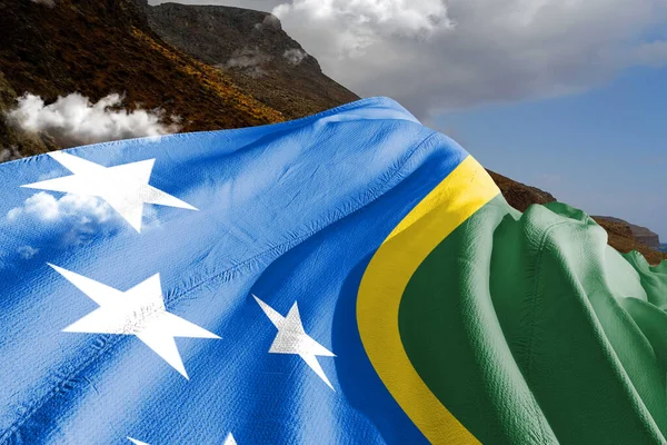 Šalamounovy Ostrovy Národní Vlajkové Tkaniny Vlnící Krásném Horském Pozadí — Stock fotografie