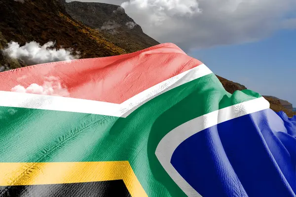 South Africa national flag cloth fabric waving on beautiful mountain Background.