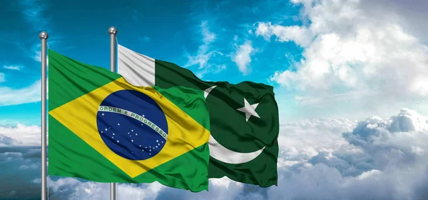 Vlajky Pákistánu Brazílie Přátelství Vlajka Vlnící Obloze Krásnou Oblohou — Stock fotografie