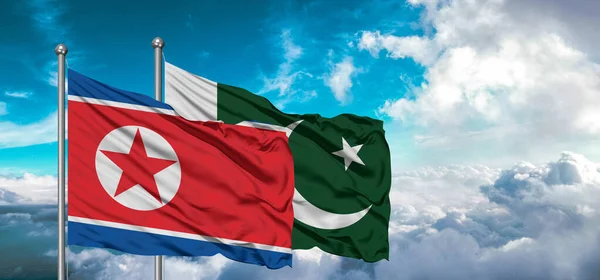 Bandeiras Paquistão Coreia Bandeira Amizade Norte Acenando Céu Com Céu — Fotografia de Stock