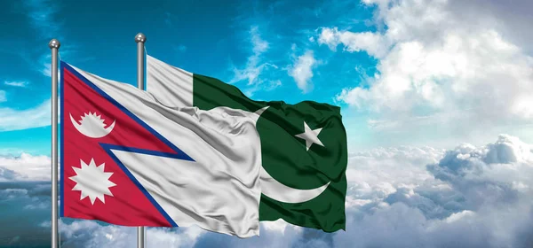 Флаги Пакистана Непала Развевающиеся Небу Красивым Небом — стоковое фото