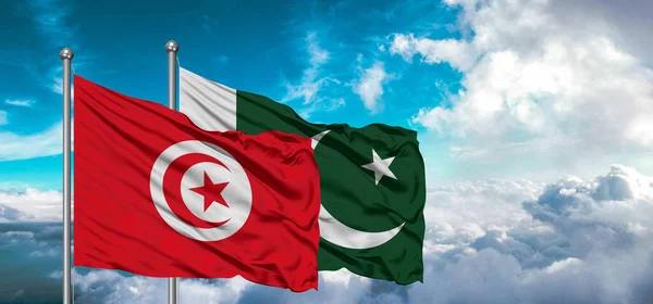 巴基斯坦和突尼斯的友谊旗在天空中飘扬 天空美丽 — 图库照片