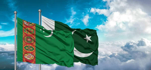 Flaggor Pakistan Och Turkmenistan Vänskap Flagga Viftande Himlen Med Vacker — Stockfoto