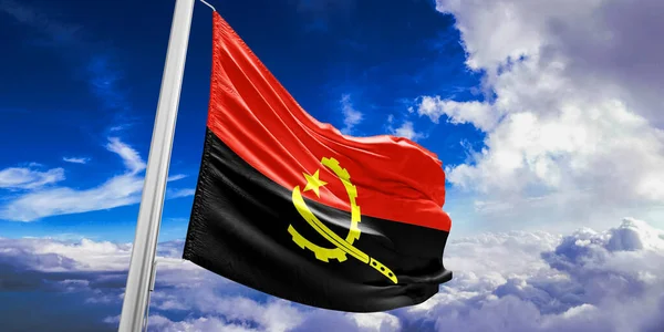 Tecido Pano Bandeira Nacional Angola Acenando Belo Fundo Céu — Fotografia de Stock