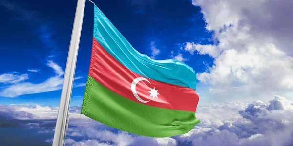 stock image Azerbaijan national flag cloth fabric waving on beautiful sky Background.