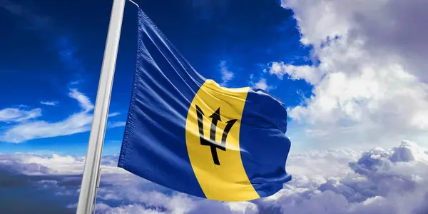 Barbados Národní Vlajkové Tkaniny Vlnění Krásném Sky Pozadí — Stock fotografie