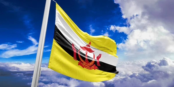 Brunei National Flag Cloth Fabric Waving Beautiful Sky Background — Stock Photo, Image