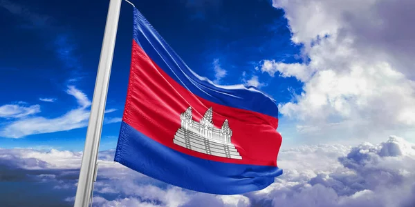 Camboja Bandeira Nacional Pano Tecido Acenando Céu Bonito Fundo — Fotografia de Stock