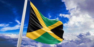 Jamaika Ulusal Bayrak Kumaşı Güzel bir arka planda sallanıyor.